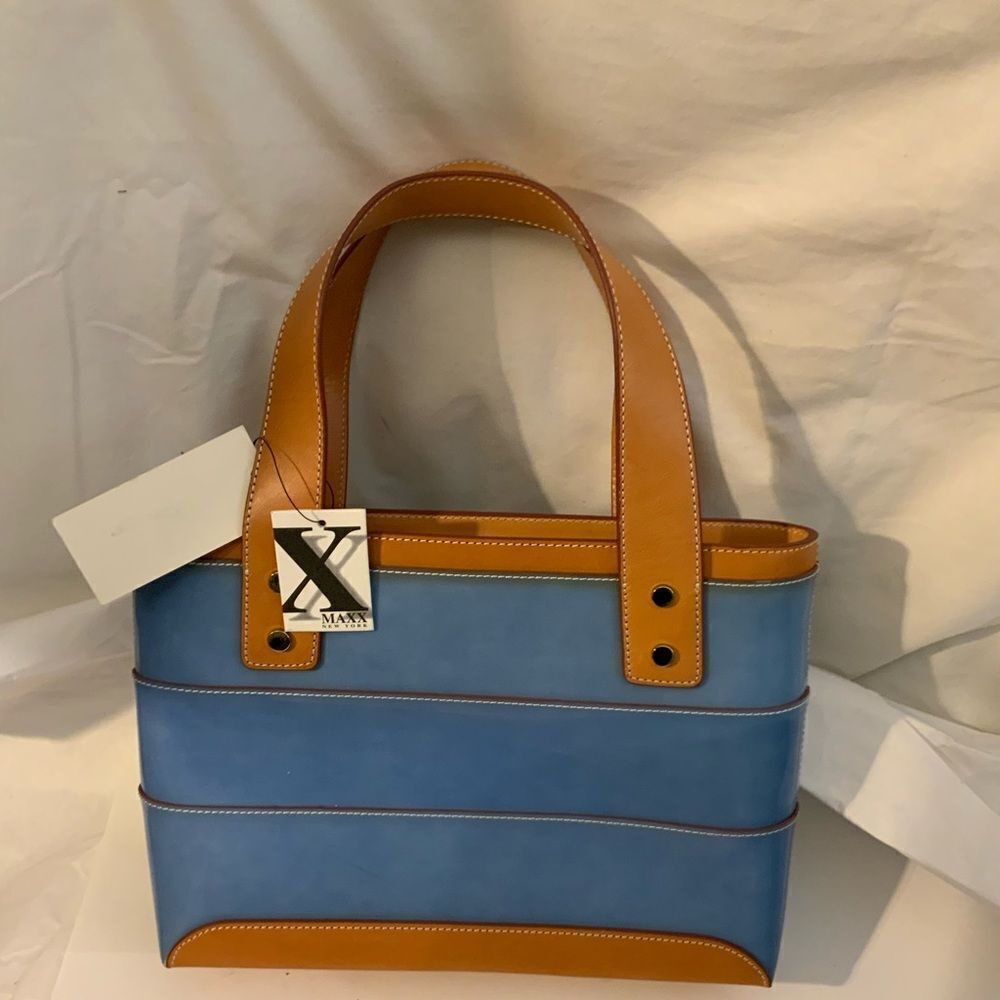 New Maxx New York purse handbag blue brown leather vinyl zip